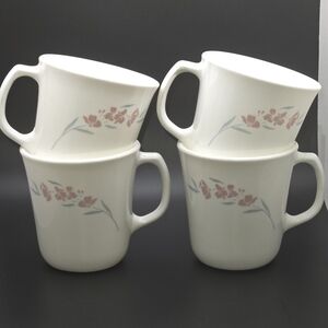 4 CORNING WARE SILK BLOSSOMS Coffee Cups/Mugs Purple Flower White USA CORELLE